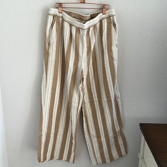 Old Navy High Rise Linen Wide Leg Pants Neutral Stripe Lagenlook Boho Coastal L - Picture 1 of 8